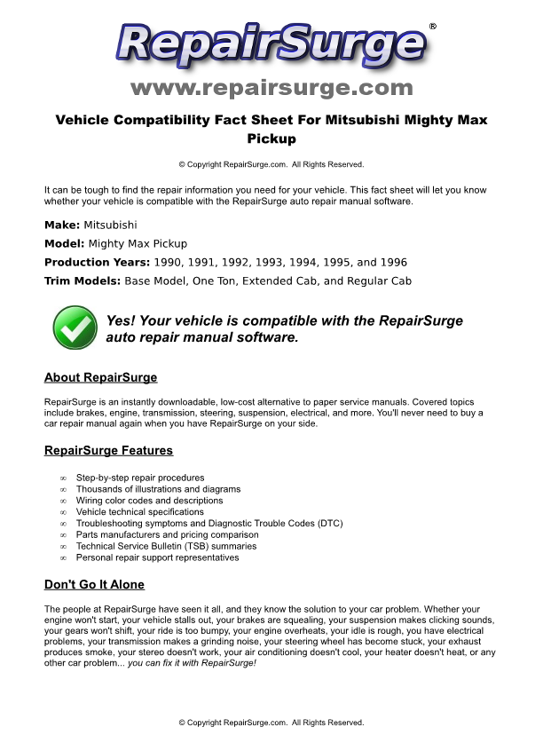 Mitsubishi Mighty Max Pickup Service Repair Manual Online Download